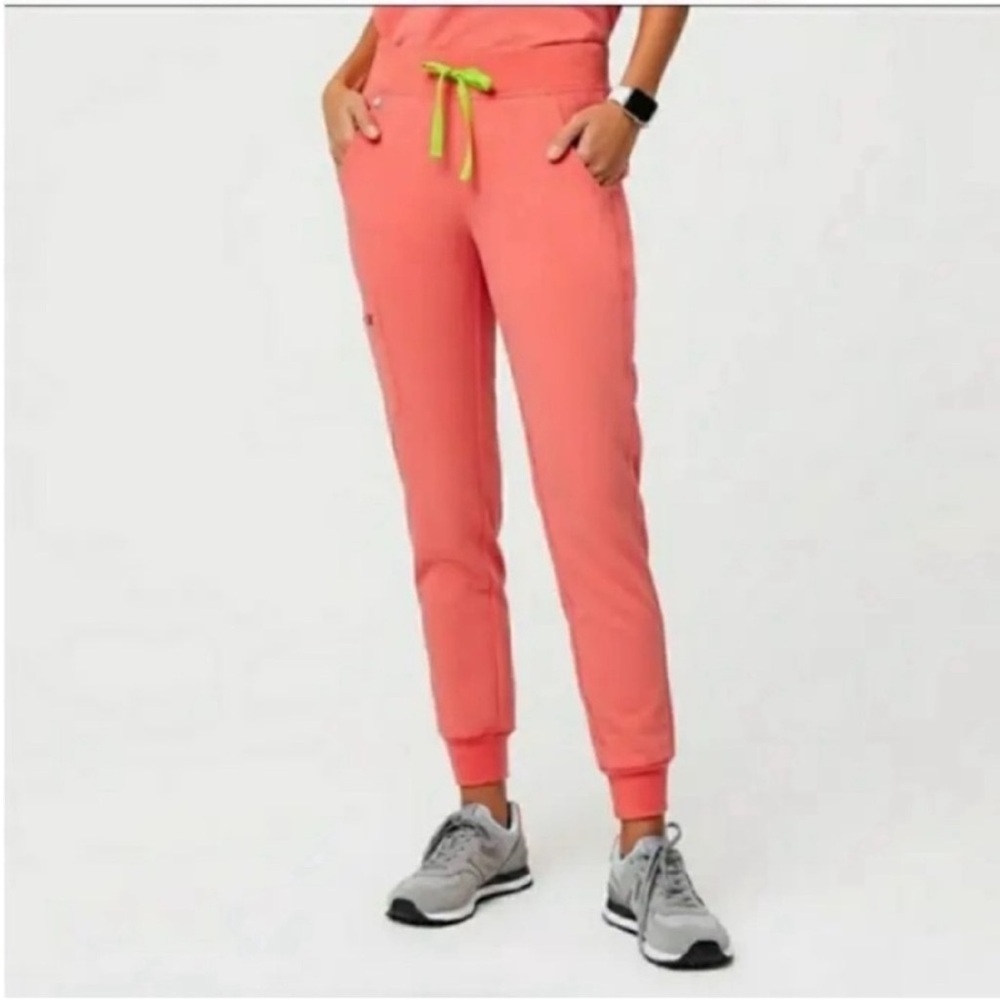 Figs Coral Jogger Scrub Pants with Lime Drawstring